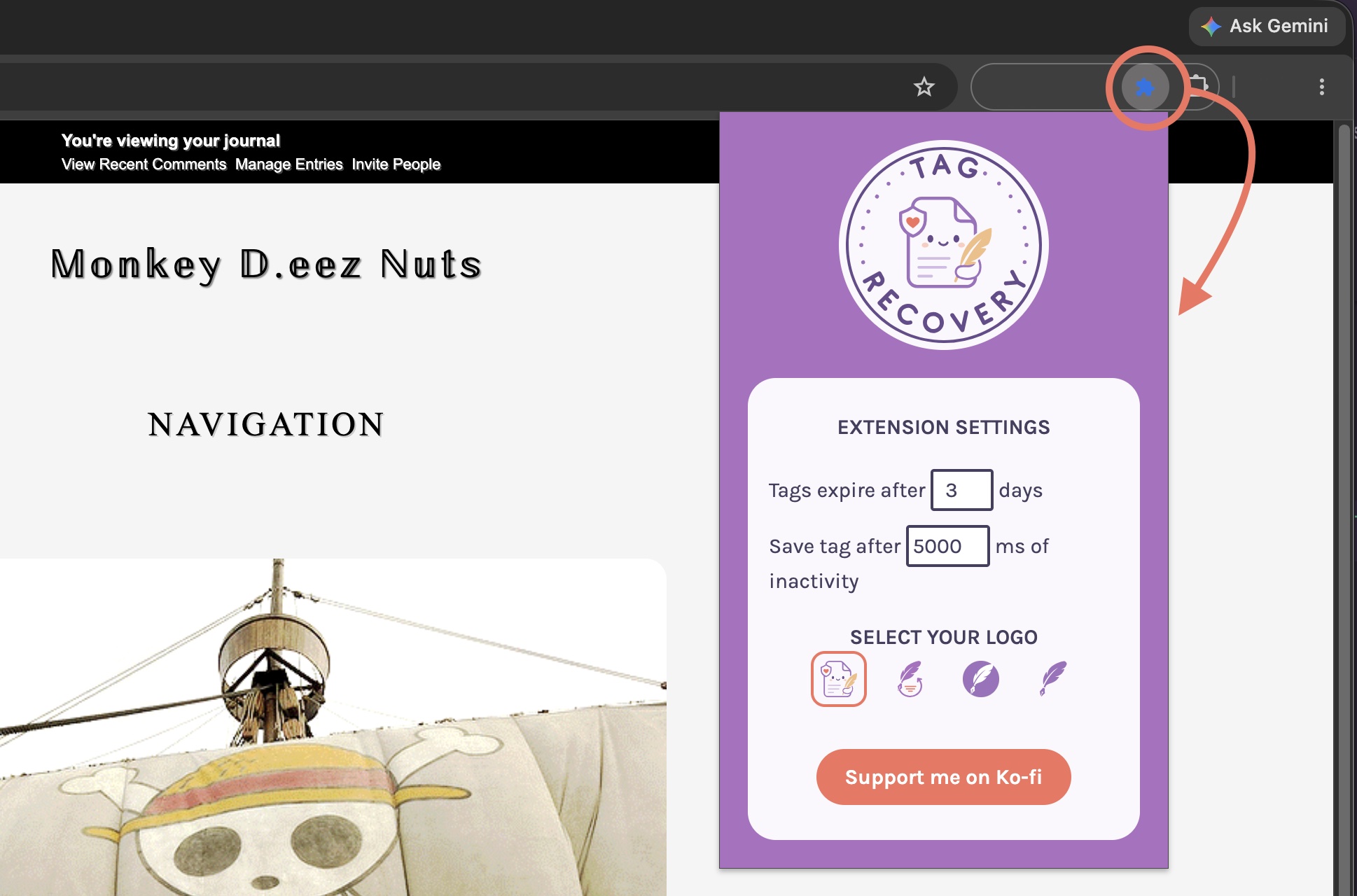 Tag Recovery popup from extension toolbar